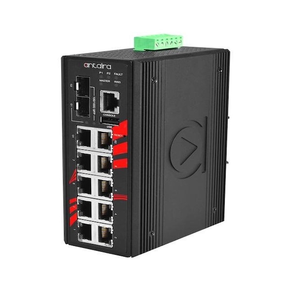 Antaira 12-Port Industrial Light Layer 3 Managed Ethernet Switch, w/8-10/100Tx, 2-10/100/1000Tx RJ45, and 2- LMX-1202M-SFP-T - main
